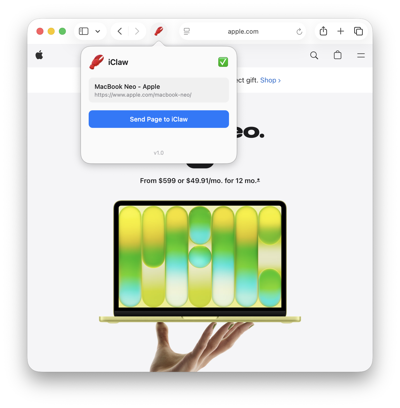 Sending a web page to iClaw from Safari