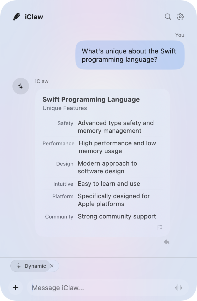 iClaw rendering a dynamic widget