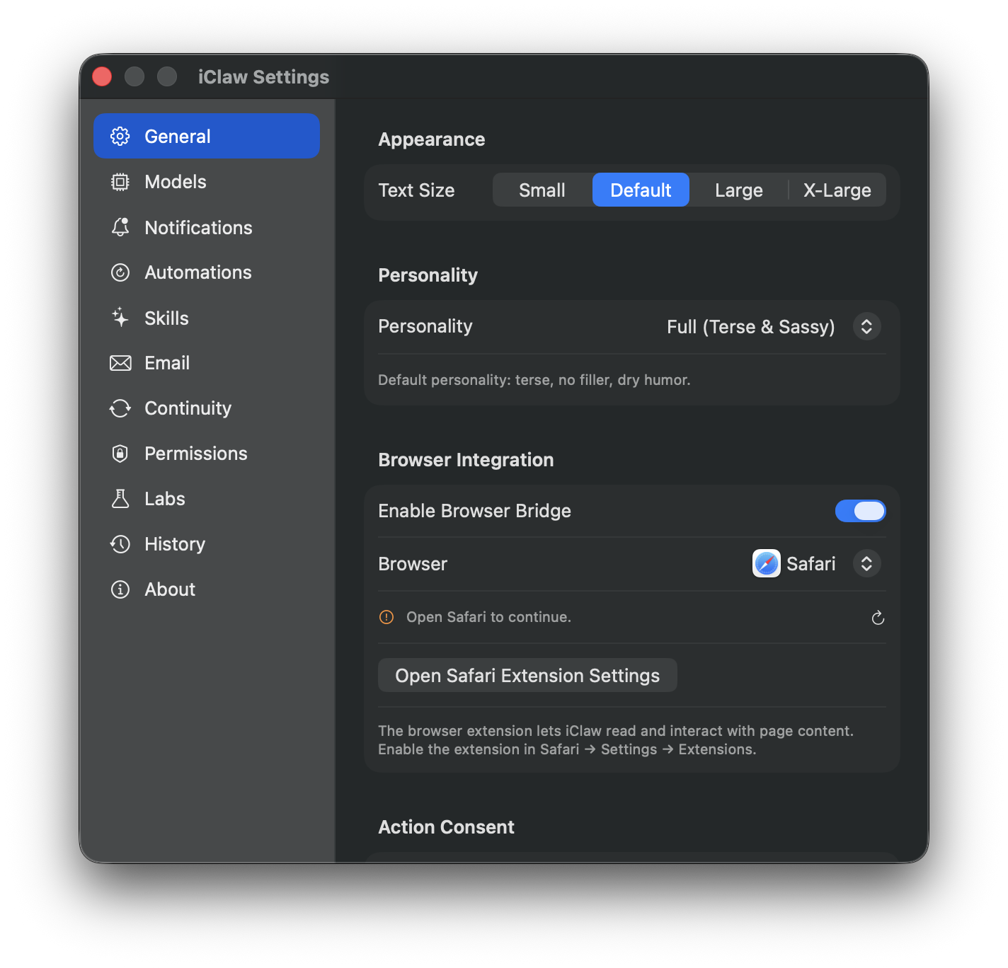 iClaw settings screen